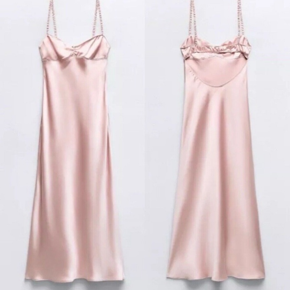NWT Zara Pink Satin Slip midi Dress - Picture 3 of 11